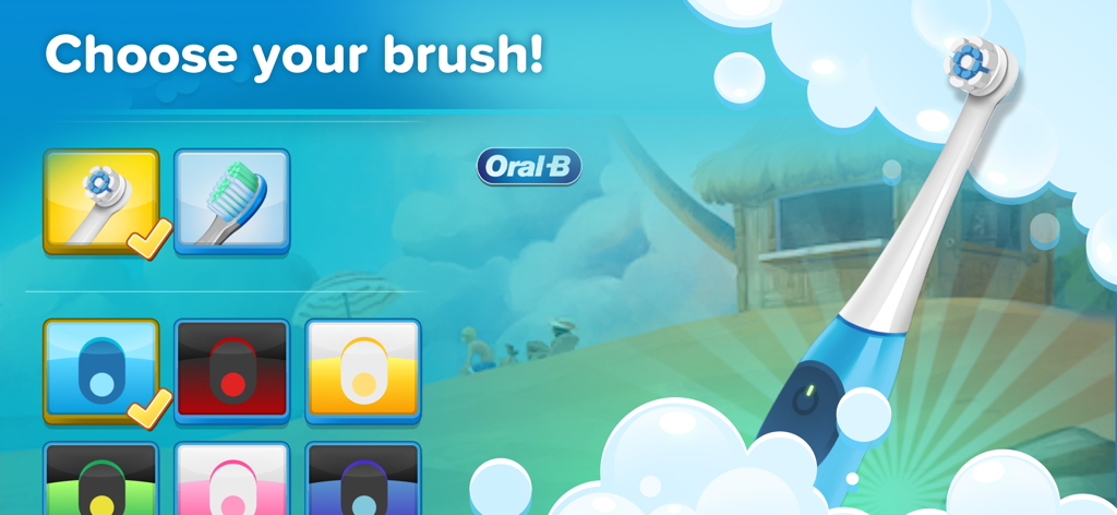 Écran de sélection dans l'application Disney Magic Timer pour choisir le type de brosse à dents et la couleur du manche