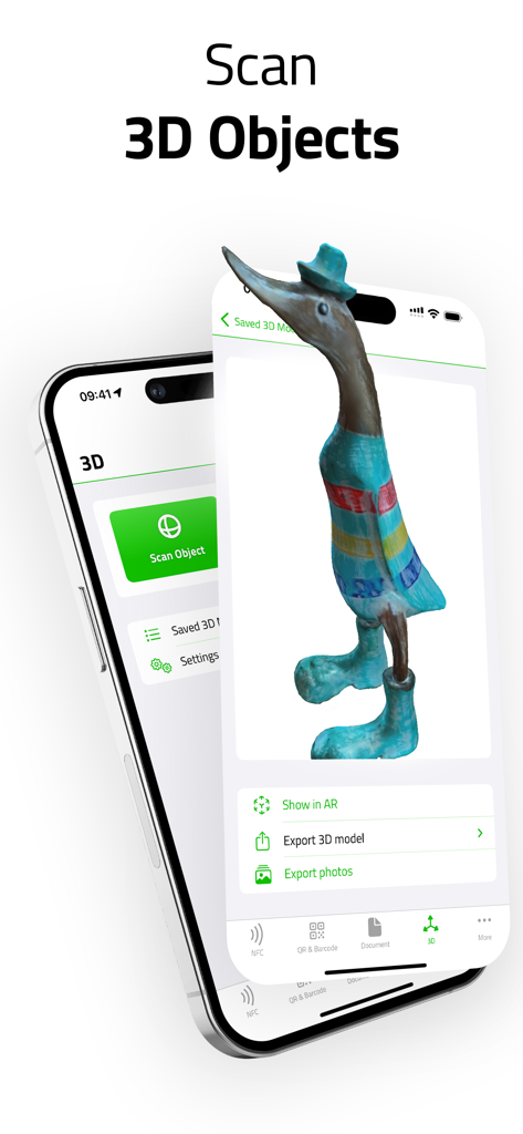 Schermata di un iPhone che mostra un modello 3D di una statuetta di uccello scansionata con l'app