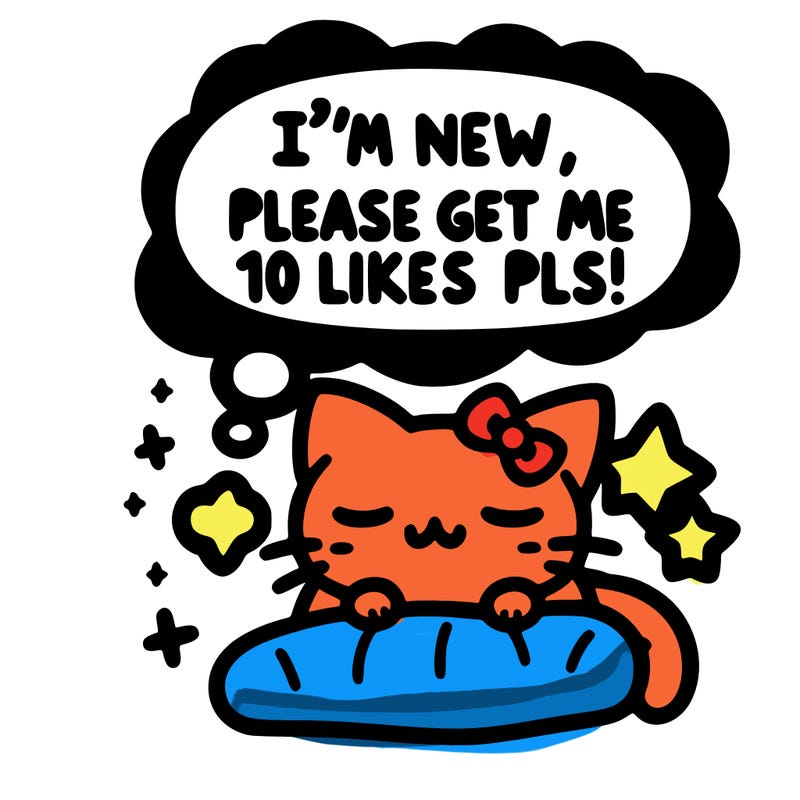 kitty taking a nap dream talking and saying "i'm new, please get me at least 10 likes pls!!"