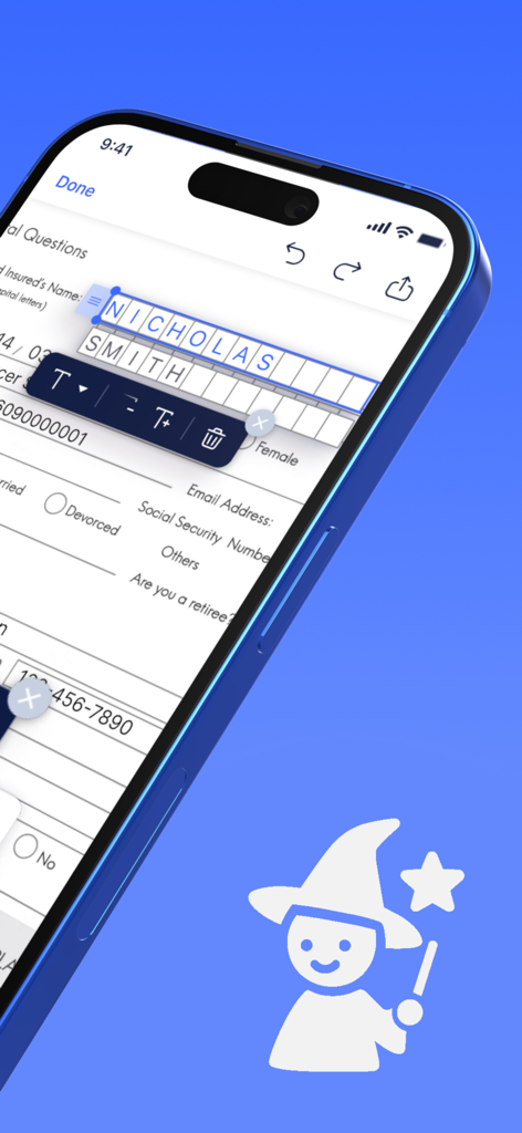 Oberfläche der iPhone-App, die intelligente KI-Autovervollständigung für PDF-Formulare zeigt