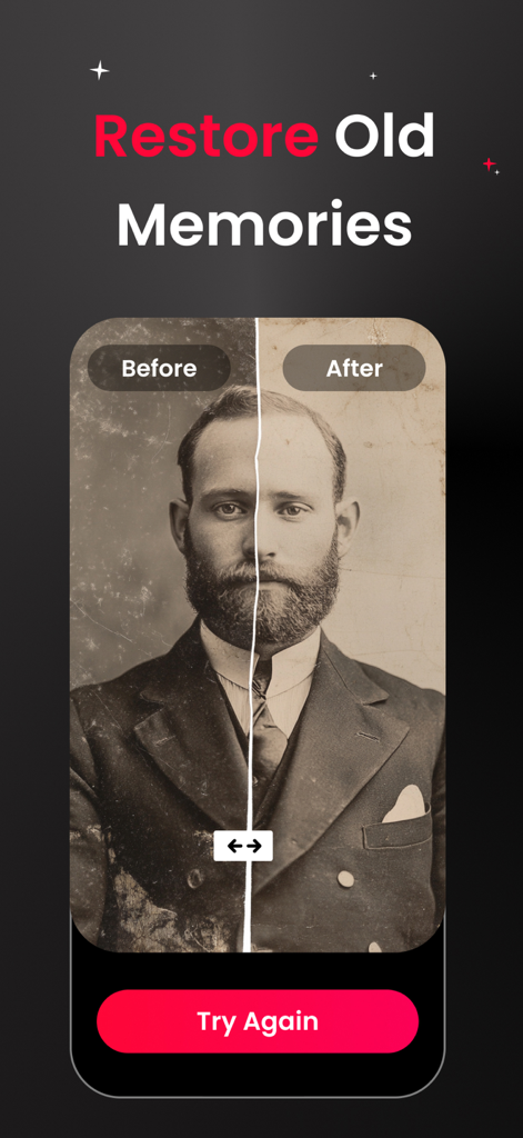 AI Photo Generator ⋅ Enhancery - Before and after side by side comparison of a vintage portrait restored using Enhancery AI technology.