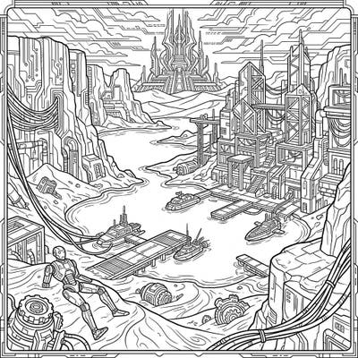 Step into a striking world where desert lakes intertwine with advanced cyberpunk cities in this intricate coloring page. Discover futuristic structures, robotic figures, and complex wiring awaiting your creative touch.