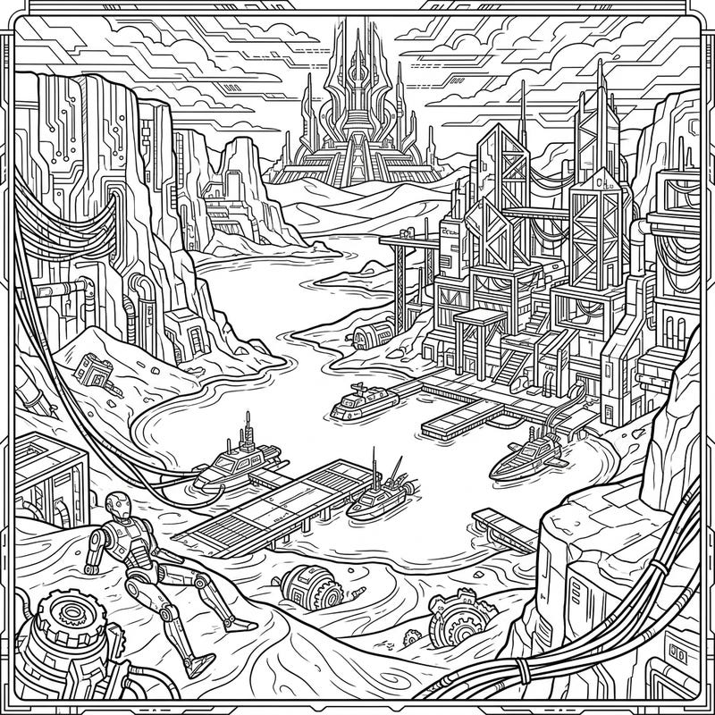 Step into a striking world where desert lakes intertwine with advanced cyberpunk cities in this intricate coloring page. Discover futuristic structures, robotic figures, and complex wiring awaiting your creative touch.