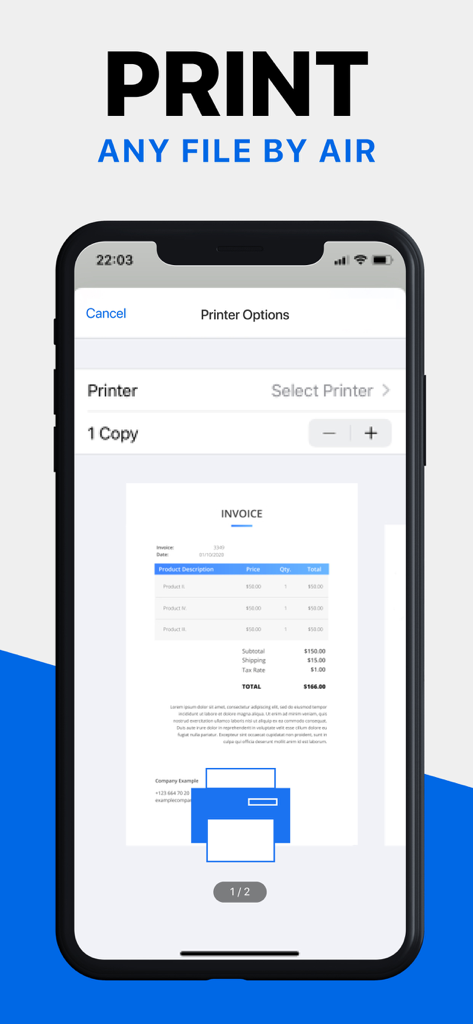 Mobile Scanner app interface showing the wireless air print feature for digital documents