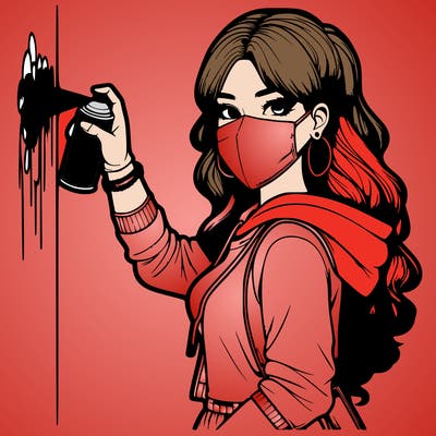 realistic girl with mask spray painting a wall