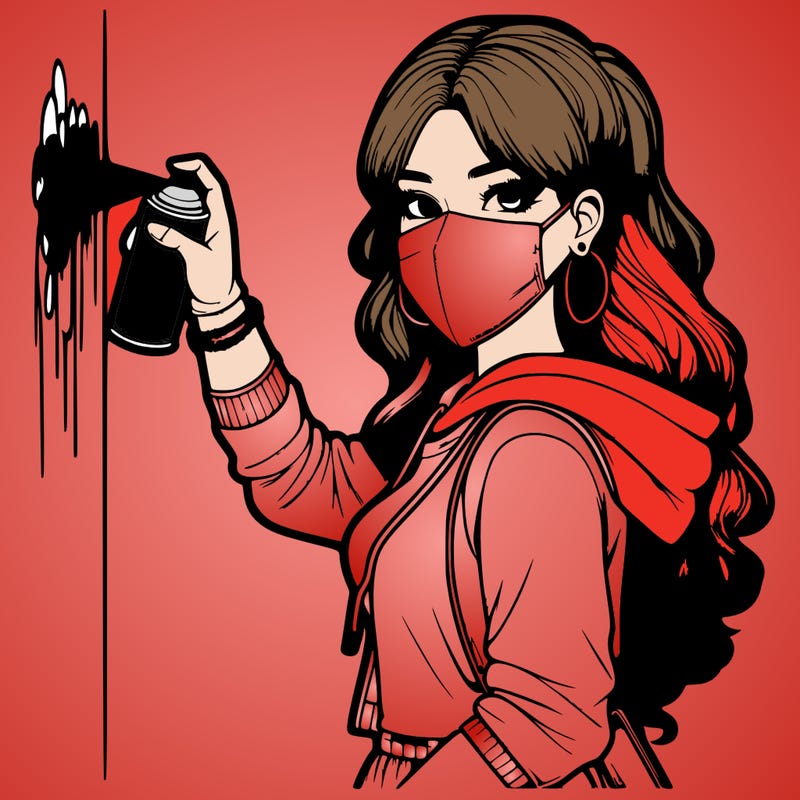 realistic girl with mask spray painting a wall