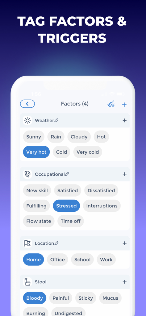 Pill Reminder & Tracker App - Mobile app interface for tagging health factors and triggers including weather and work stress