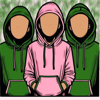 3 faceless people in  hoodies