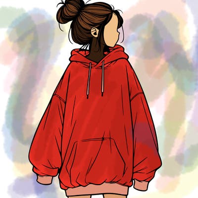 realistic girl with a oversized sweatshirt on and a bun