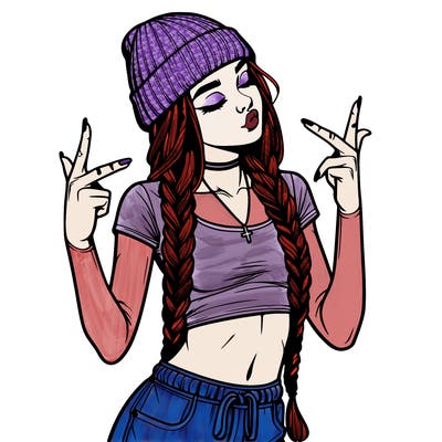 realistic teenage girl with braids and a beanie and crop top doing 🫶🏼