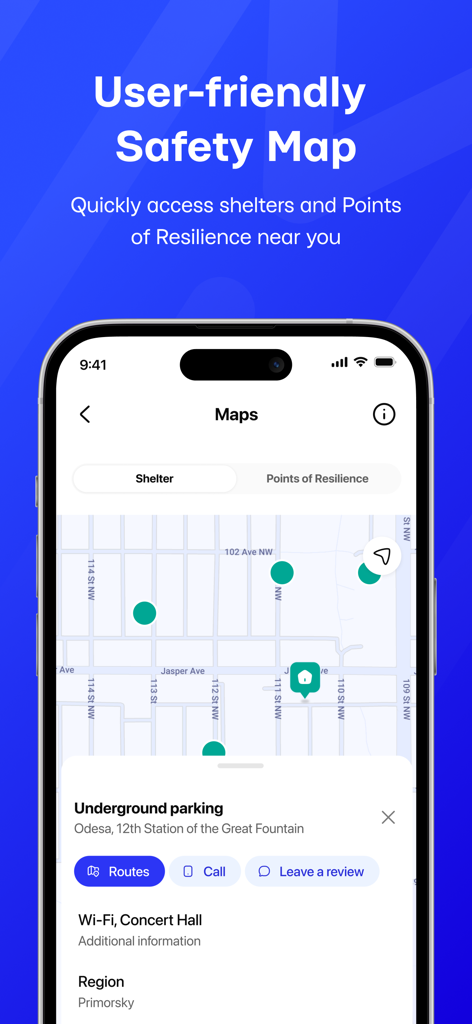 MISTO - Smartphone screen displaying the MISTO app with a map showing local shelters and points of resilience in an urban area