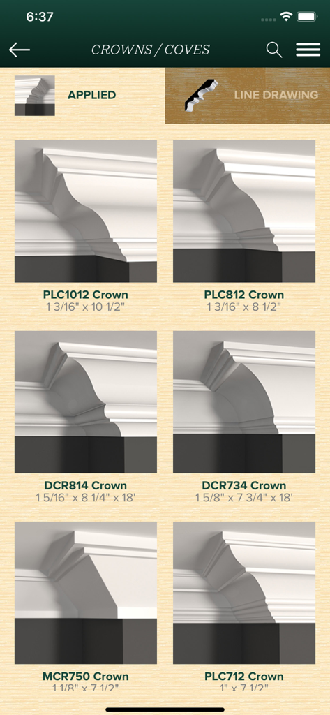 Garden State Lumber app catalog showing various crown moulding profile styles and dimensions
