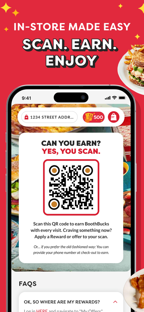 Denny's app screen displaying a QR code for earning and redeeming rewards in-store