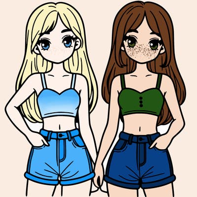 two sisters with crop tops and jean shorts and straight hair