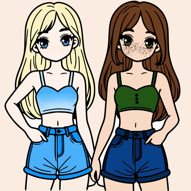 two sisters with crop tops and jean shorts and straight hair