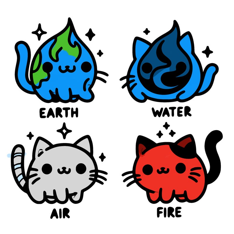 4 cats that represent the different elements, earth, water, air, and fire
