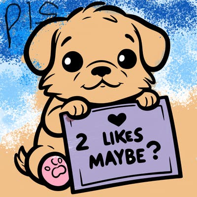 a puppy holding a sign that says 2 likes maybe?