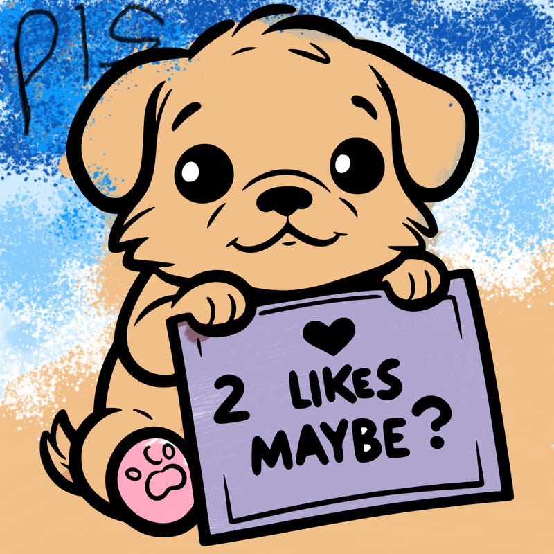 a puppy holding a sign that says 2 likes maybe?
