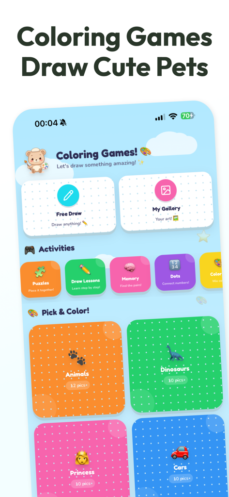 Coloring Games Draw Cute Pets - Hauptmenü der App Malspiele Süße Haustiere zeichnen mit lehrreichen Aktivitäten und Malerkategorien für Kinder.