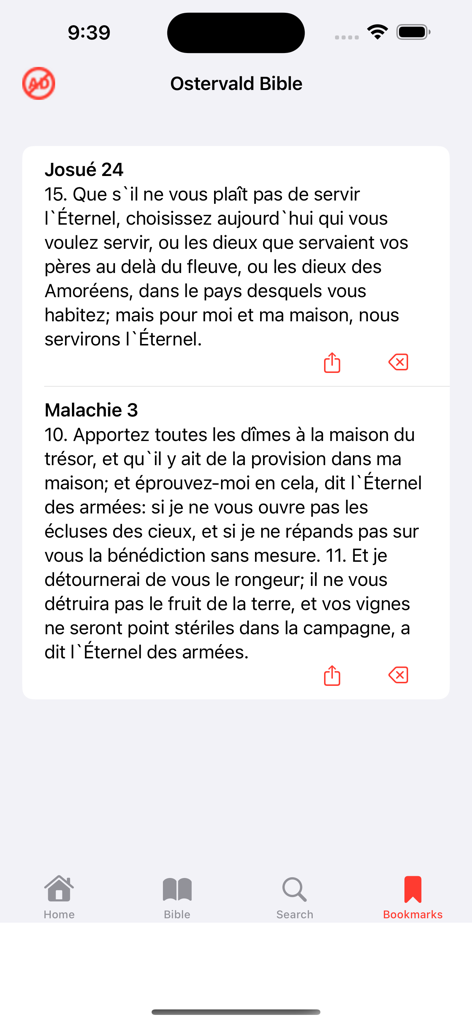 Ostervald Bible - Bookmarks screen of the Ostervald Bible app displaying bookmarked verses in French from Joshua and Malachi.