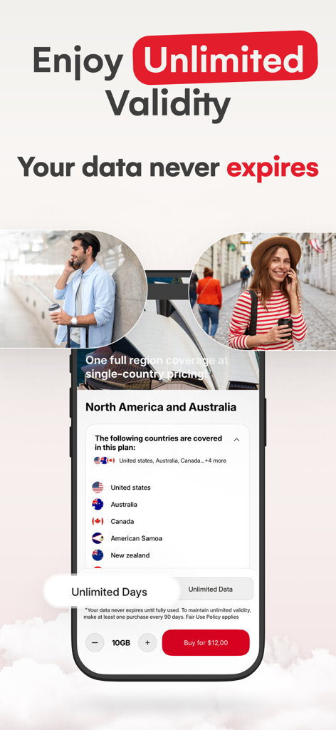 eSIM Travel SIM card: USIMS - Interface do aplicativo USIMS exibindo planos de dados de viagem internacionais com validade ilimitada