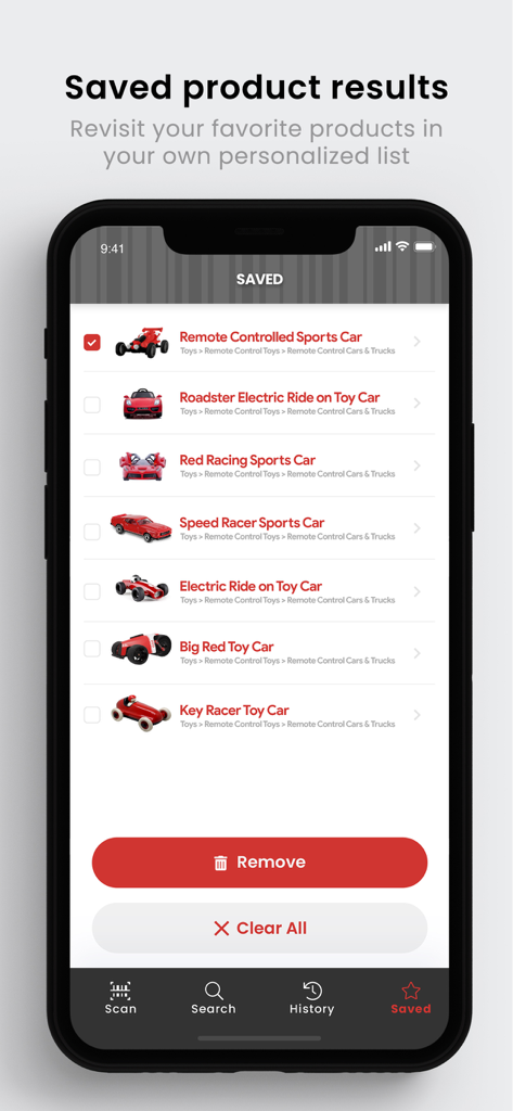 Barcode Lookup - Barcode Lookup app screen showing a personalized list of saved products and price comparisons