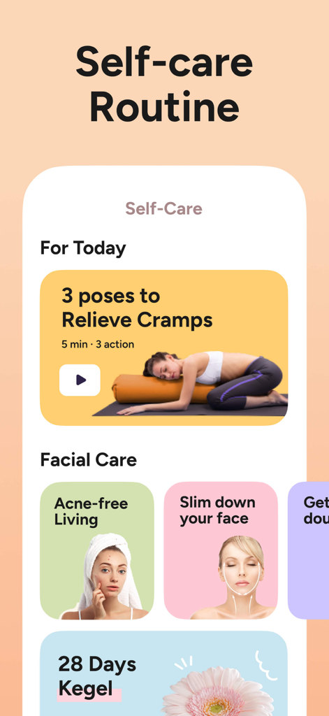 Mobile app screen displaying self care routines for cramp relief and Kegel exercises