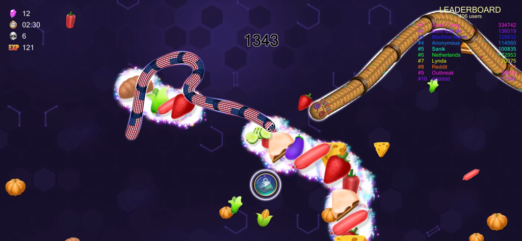 Gameplay von Worm.io mit einem Wurm im USA-Flaggen-Design und einer Bestenliste in einer kompetitiven Kampfarena.