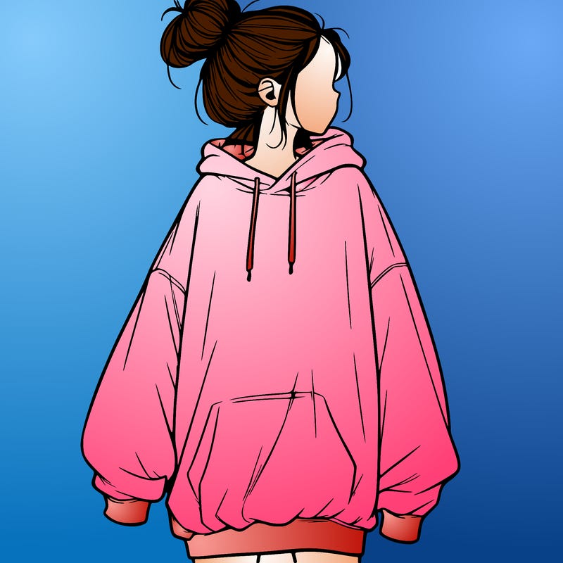 realistic girl with a oversized sweatshirt on and a bun