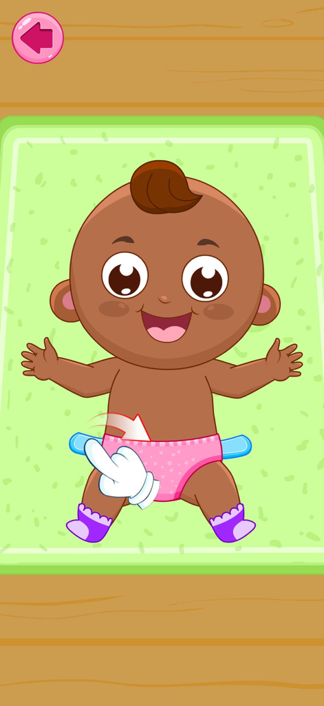 Take Care of a Baby Doll Games - Cartoon baby on a green mat with a hand icon showing how to change a diaper
