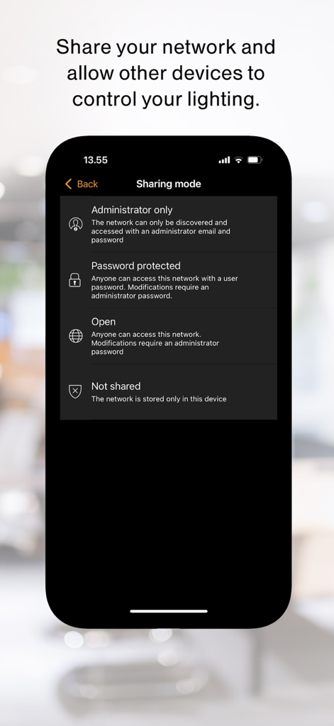 Casambi-App-Einstellungen für den Freimodus zur Zugriffskontrolle des Lichtnetzwerks