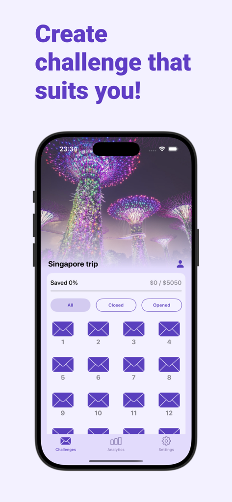 Savings Tracker - Envelopes - Pantalla de la aplicación Rastreador de Ahorros mostrando un desafío de 100 sobres para una meta de viaje a Singapur