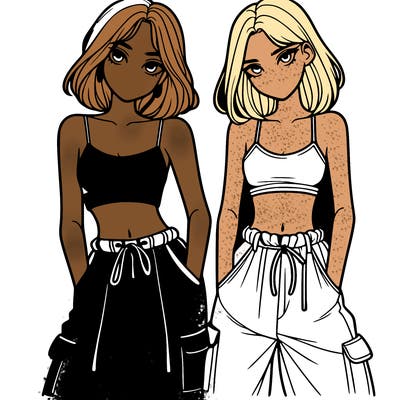 two girls with crop top with baggy pants