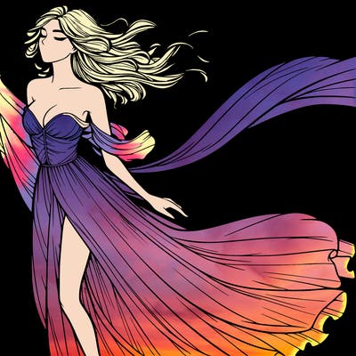 realistic woman in dress flowing the the wind