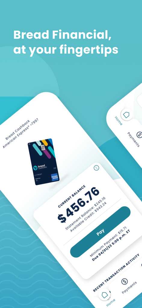 Bread Financial - Bread Financialアプリのダッシュボードにクレジットカードの残高と支払いオプションが表示されている