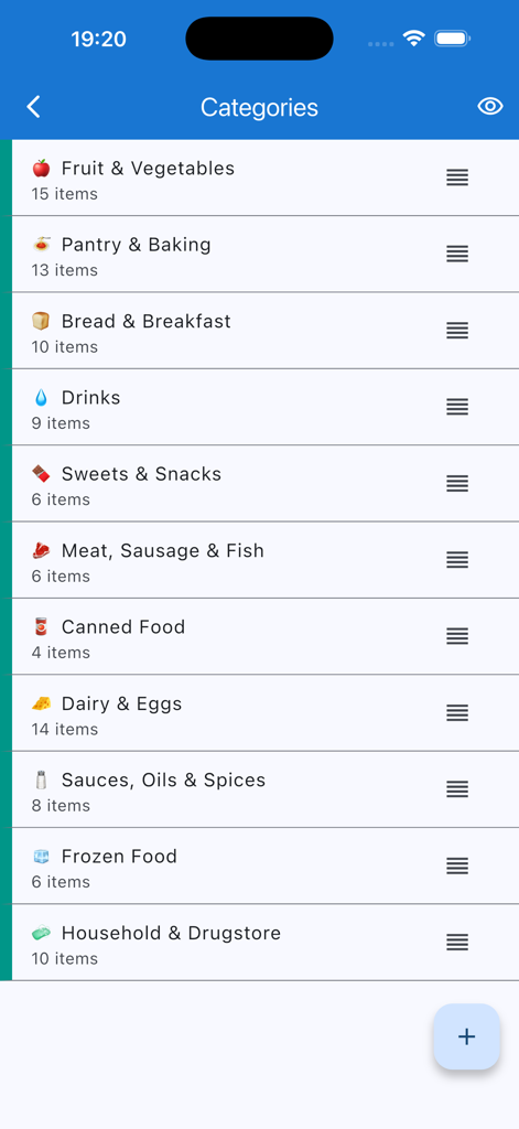 Una pantalla de aplicación móvil que muestra una lista de categorías de comestibles como Frutas y Verduras y Lácteos y Huevos para una compra organizada.