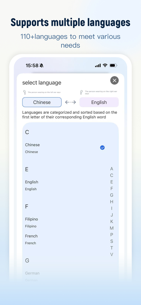 NebulaBuds - Interfaz de la aplicación NebulaBuds mostrando la pantalla de selección de idioma para traducción en tiempo real con soporte para más de 110 idiomas.