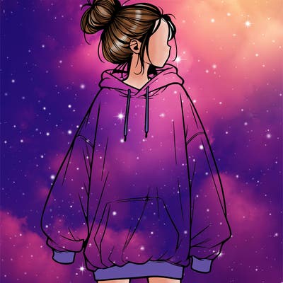 realistic girl with a oversized sweatshirt on and a bun