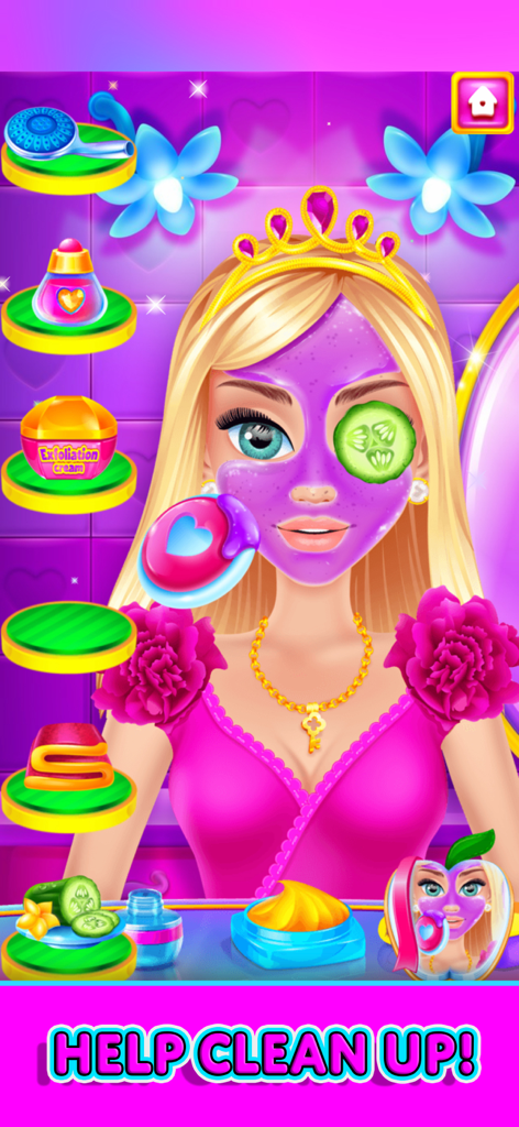 Personaje de princesa con mascarilla facial morada y rodajas de pepino en un salón de spa de belleza