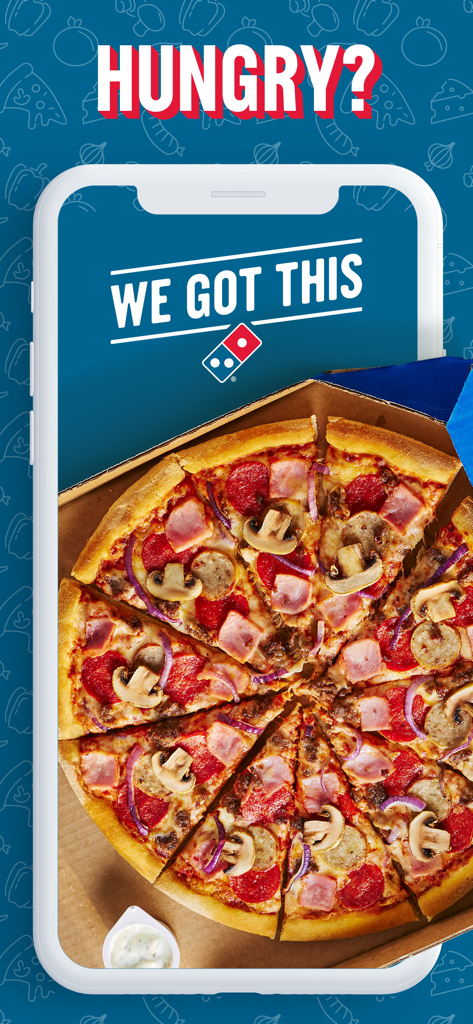 Domino's Pizza Delivery UK&ROI - Dominos Pizza UK app showing a delicious meat and mushroom pizza in a box with the text Hungry We Got This.