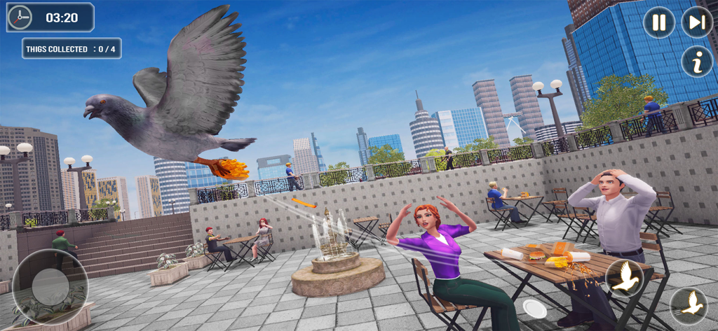 Pigeon Bird Flying Simulator - A pigeon flying over an outdoor city cafe causing mischief and food to fly as people react in alarm.