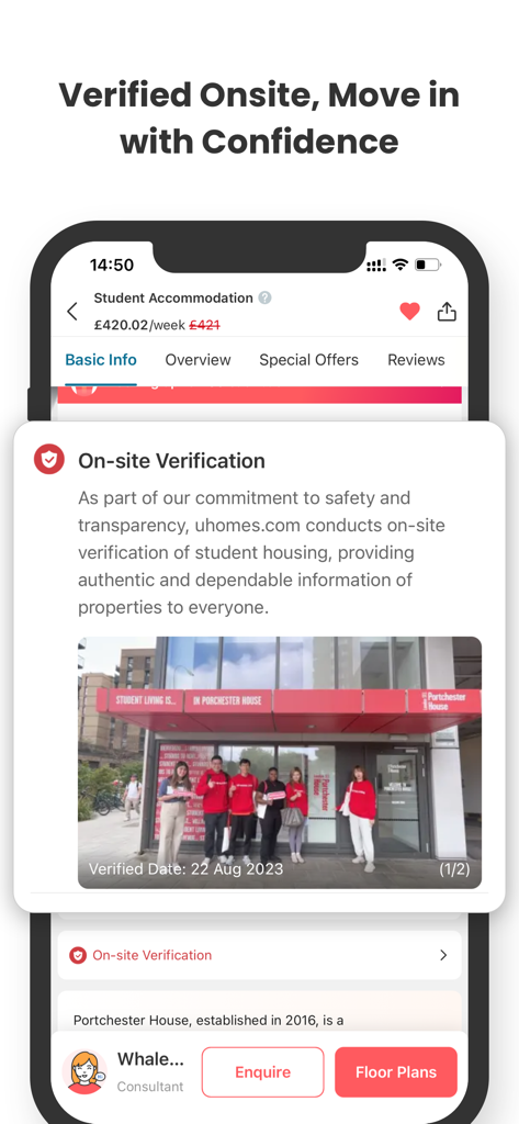 Écran d'application mobile montrant la vérification sur site des propriétés de logement étudiant international pour garantir la sécurité et la confiance.