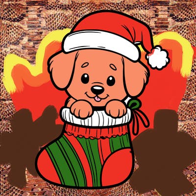 cute puppy wearing santa hat in socking