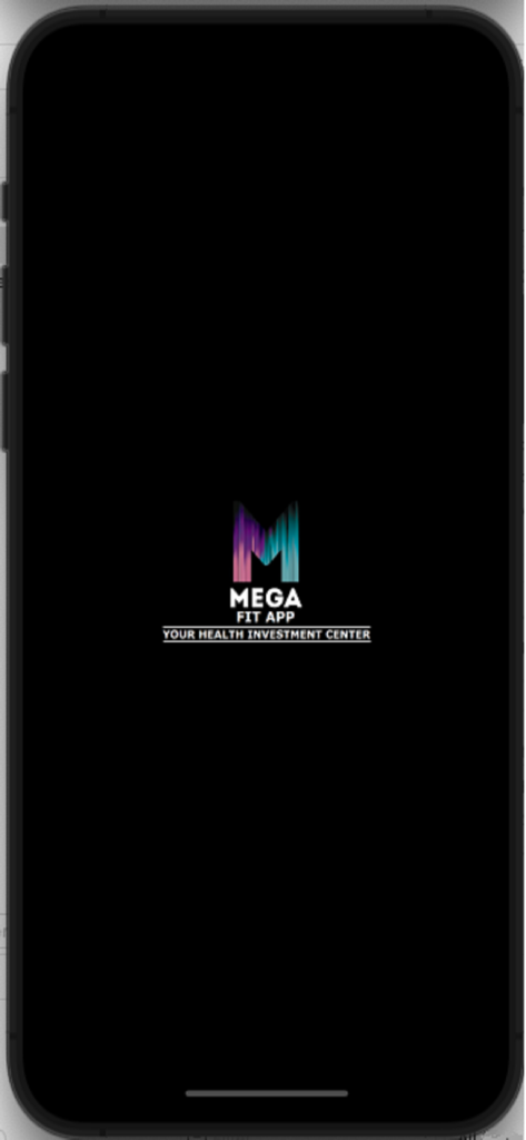 Pantalla de inicio de la aplicación Mega Fitness con un logo estilizado en M y el lema Your Health Investment Center