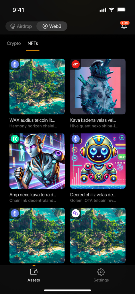 Unich Wallet - Interfaz de la app Unich Wallet mostrando una cuadrícula de activos digitales NFT con varias obras de arte coloridas.