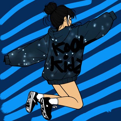 realistic girl jumping with a bun and oversized sweatshirt