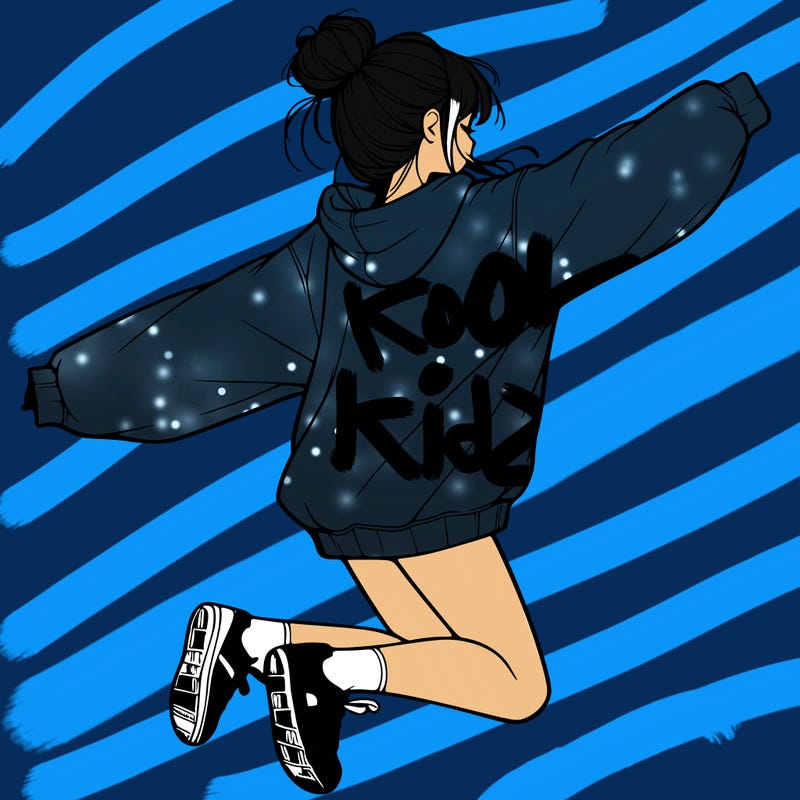 realistic girl jumping with a bun and oversized sweatshirt