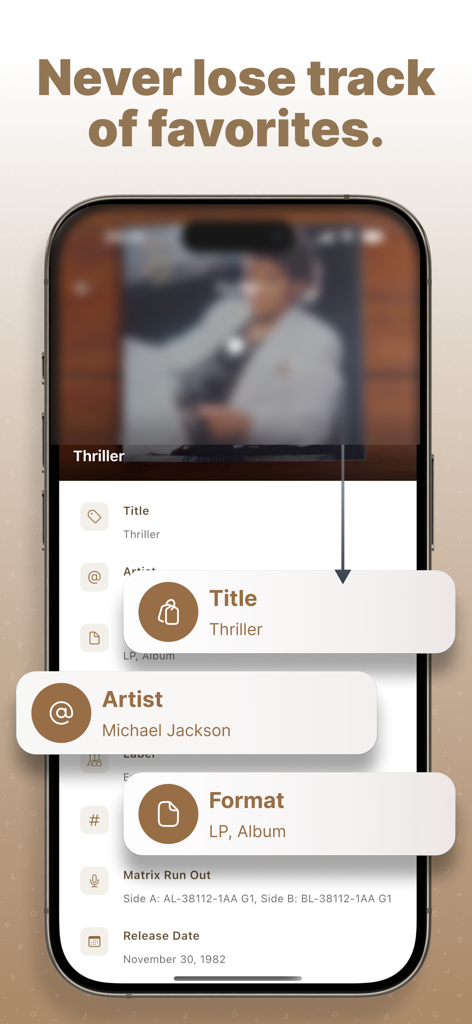 Mobile app interface showing record details like artist title and release date for a scanned vinyl
