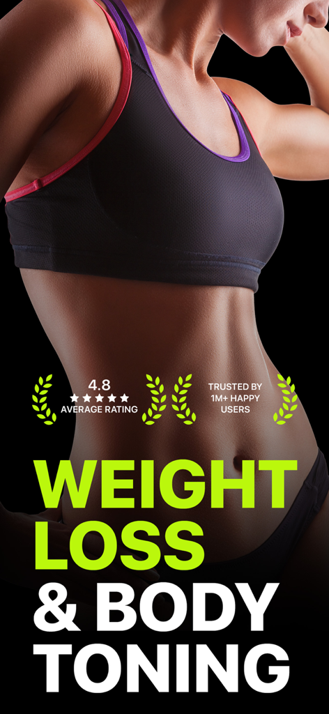 Home Workout Planner - FitFlow - Captura de pantalla de la aplicación FitFlow destacando la pérdida de peso y tonificación corporal con altas calificaciones de usuario