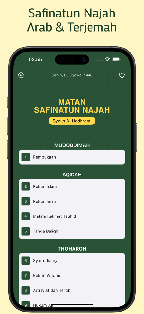 Safinatun Najah - Smartphone screen showing the table of contents of the Safinatun Najah Islamic jurisprudence app